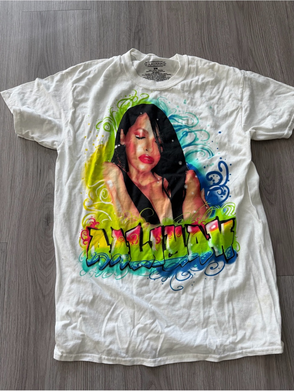 White Graphic Tee with Colorful Portrait and Graffiti Text